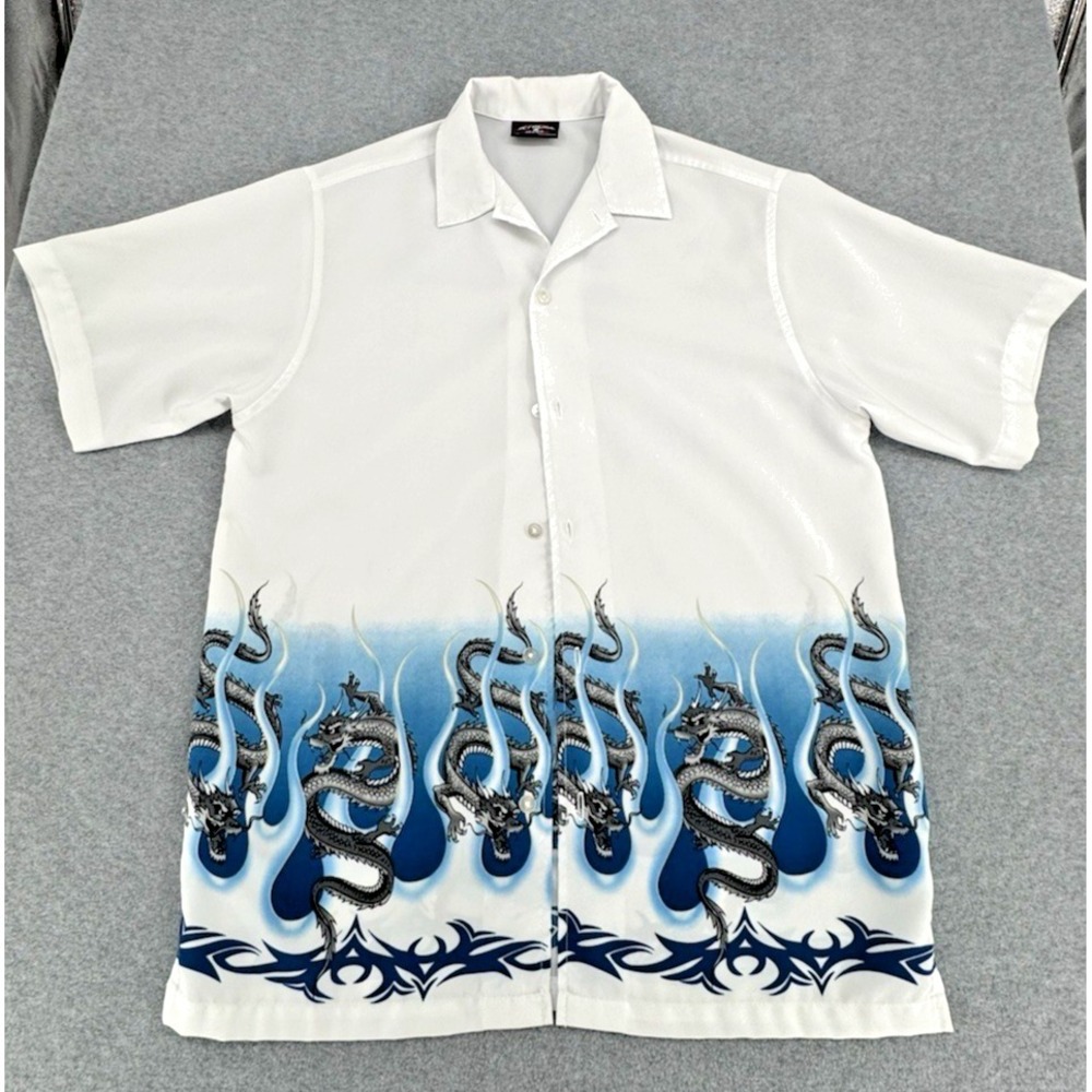 Vintage Y2K Dragon Flame Button Up Shirt Mens XL Graphic Short Sleeve